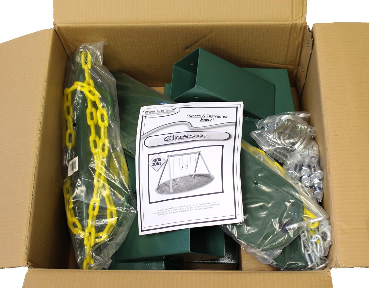 Eastern Jungle Gym DIY Swing Set Hardware Kit with Easy 1-2-3 A-Frame Brackets, Swing Seats, Ring Trapeze Bar and All Assembly Hardware and Instructions - Wood Not Included