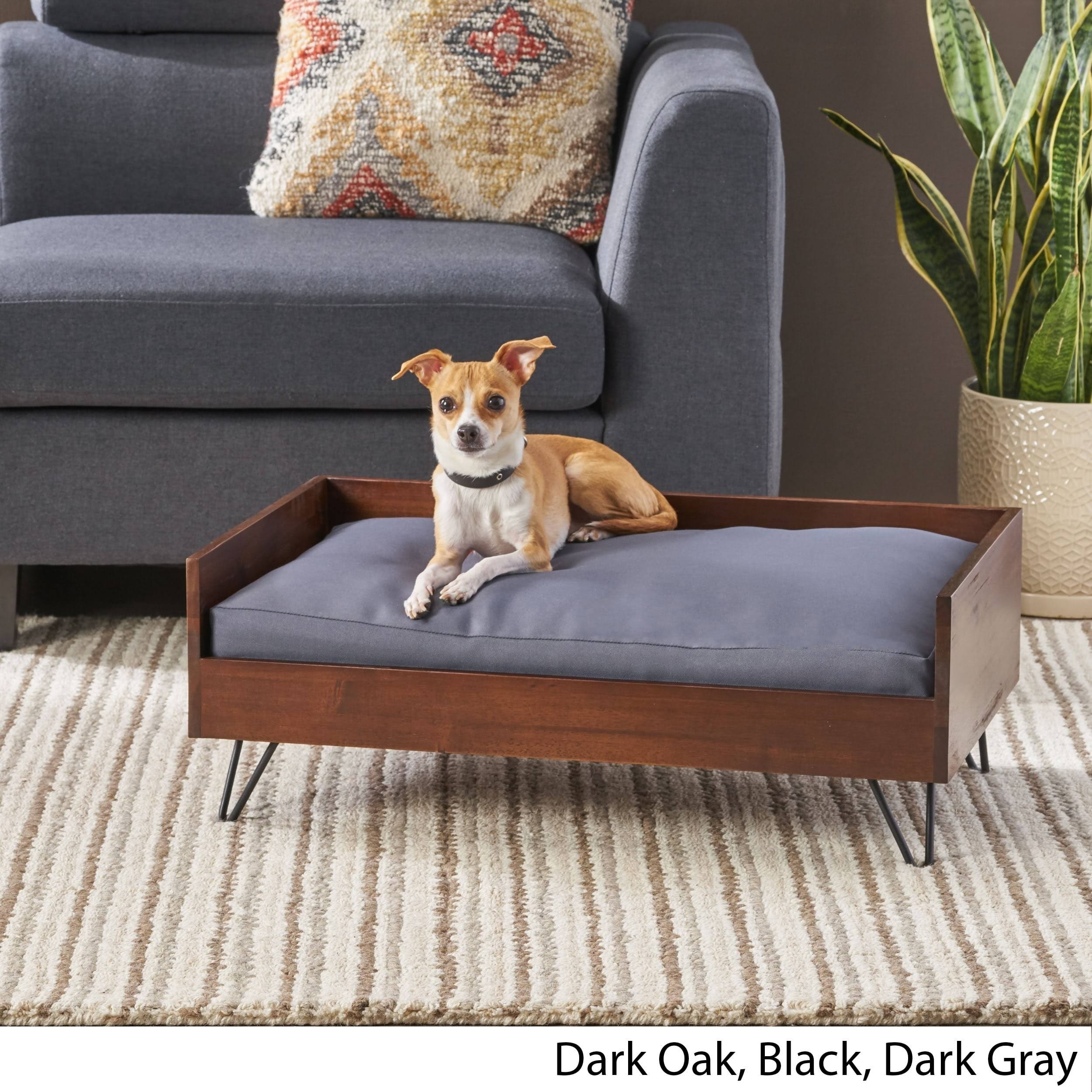Christopher Knight Home Bonneville Mid-Century Modern Pet Bed with Acacia Wood Frame by Light Gray Wash, Black, Gray
