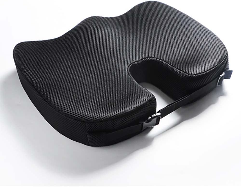 JCHENG Seat Cushion, Chair Cushion for Long Sitting, Strap for Fixing, Memory Foam, Pressure & Tailbone Pain Relief, Comfortable Butt Pad, Black