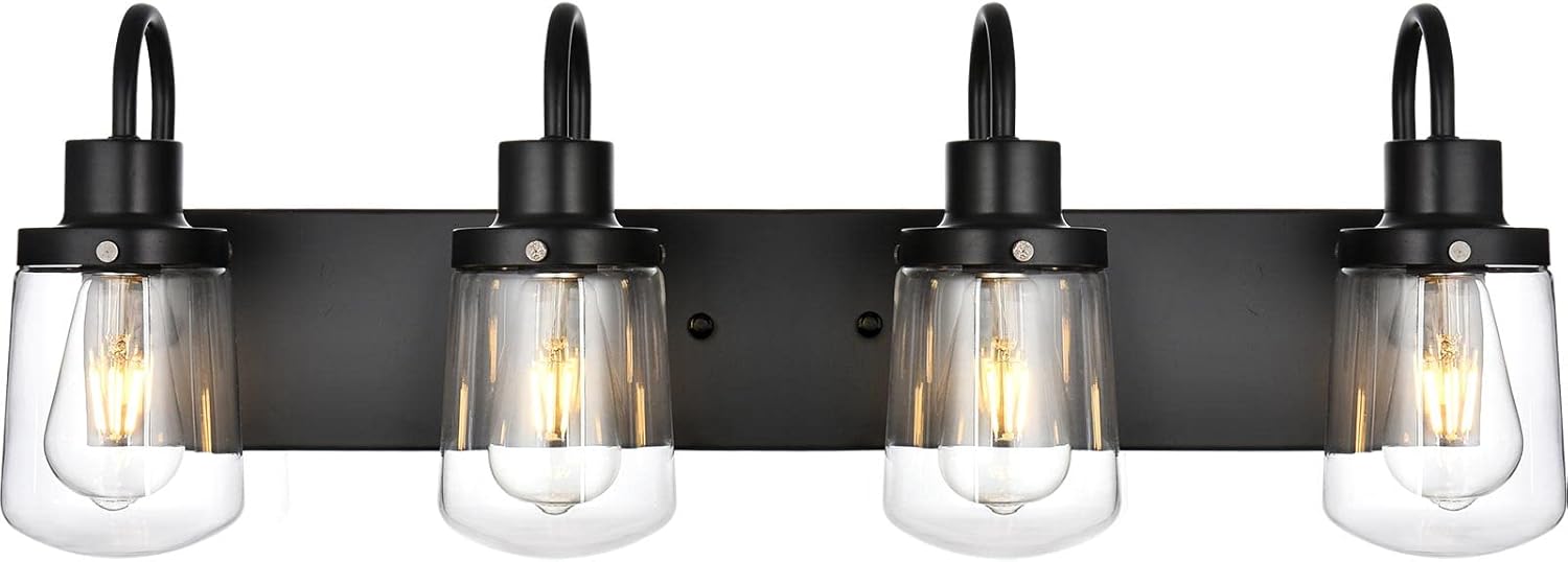 YAOHONG Modern Bathroom Vanity Light 4-Lights Lamp in Black,Farmhouse Wall Light Fixture with Clear Glass Shades,Indoor Wall Lamp