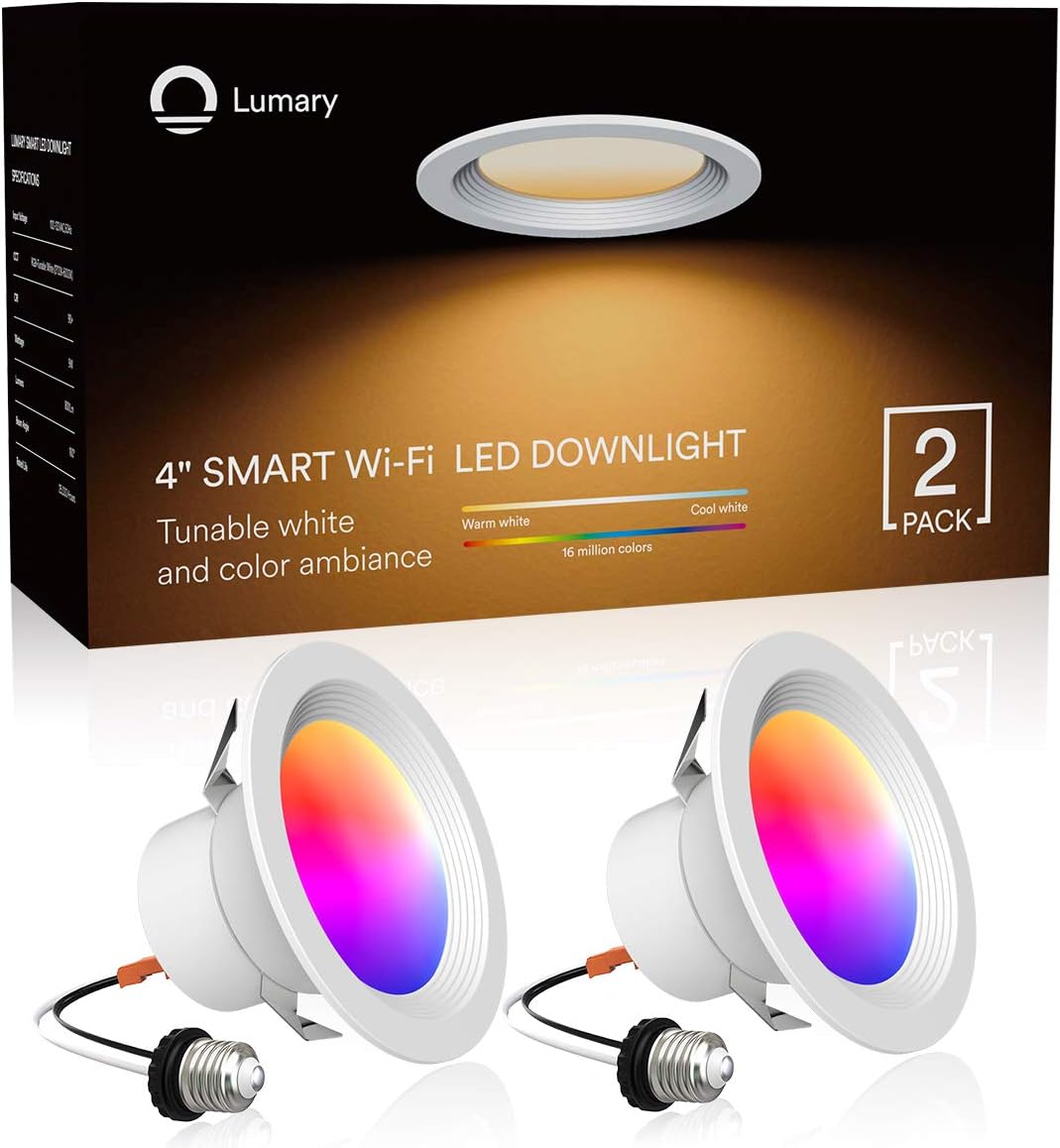 Smart LED Recessed Lighting 4 Inch, Lumary Wi-Fi LED Can Lights Dimmable 16 Million Colors LED Downlight Compatible with Alexa & Google Assistant 9W 2700K-6000K (2 Pack) Pack of 2