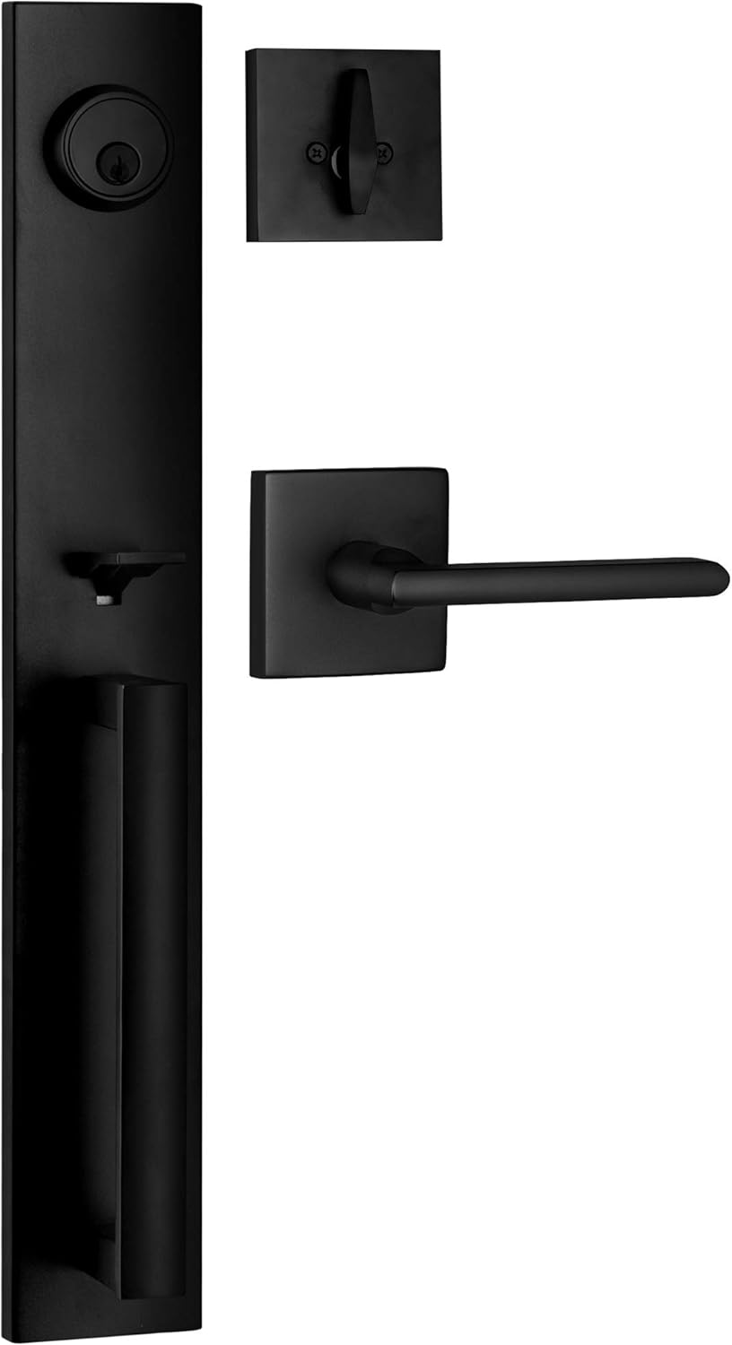 Berlin Modisch Full Escutcheon HandleSet Front Door Entry Handle and Deadbolt Lock Set Slim Square Single Cylinder Deadbolt and Lever Heavy Duty &ndash; Iron Black Finish
