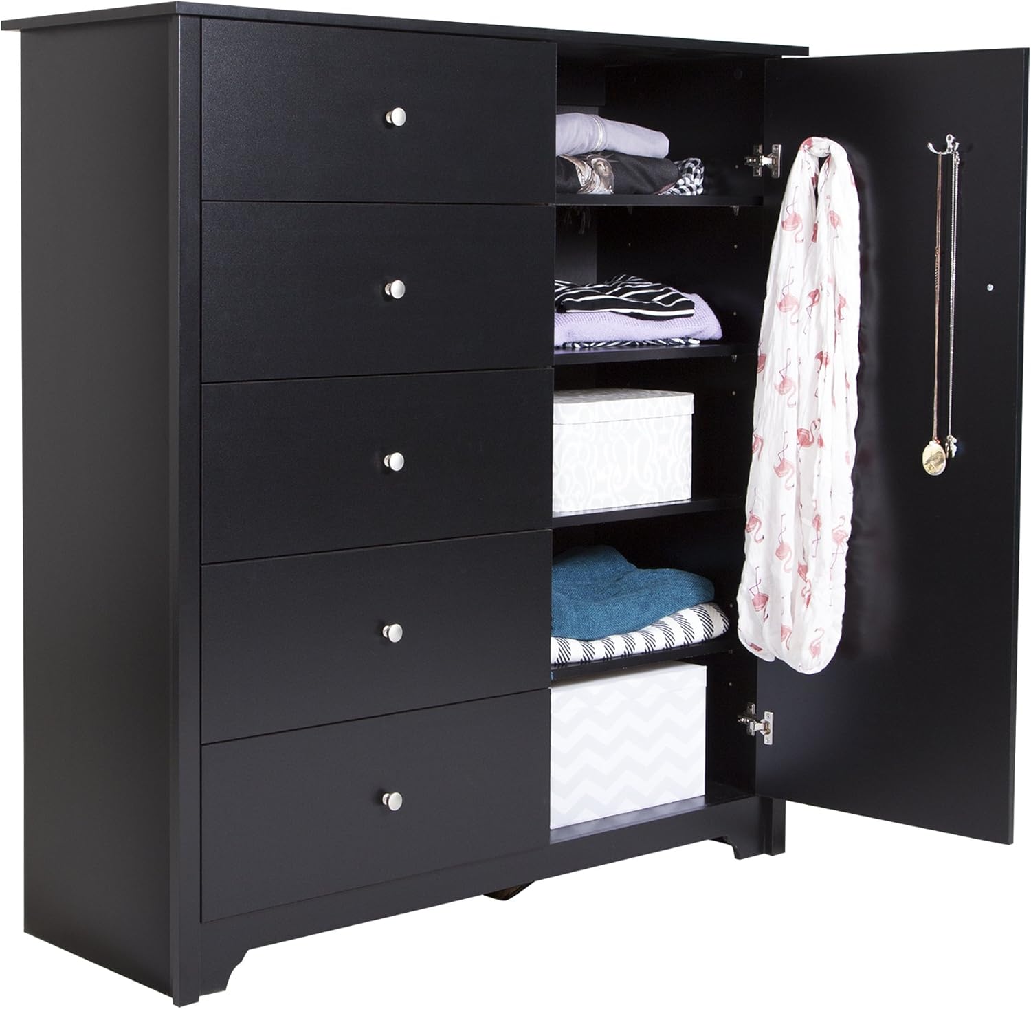South Shore Vito Door Chest with 5 Drawers and Adjustable Shelves, Pure Black