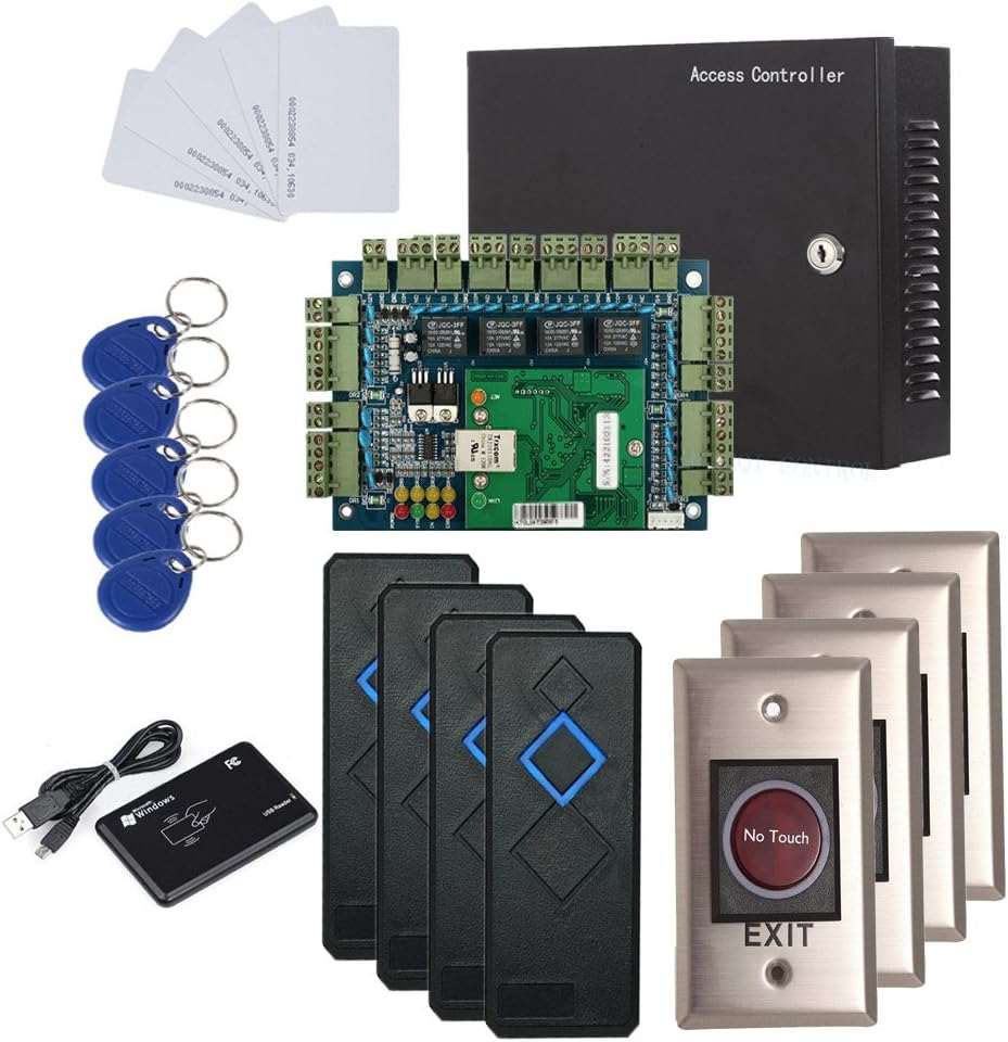 4 Doors IP Based Security Access Control Kit with Metal Case 110V Power Box RFID Reader+Infrared Exit Button+Desktop Enroll Reader+RFID Keychains/Cards Phone APP remotely Open Door