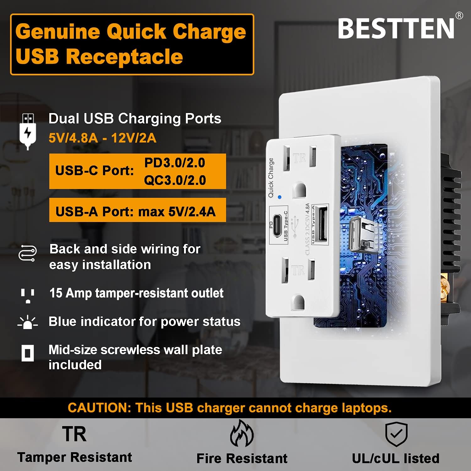 [10 Pack] BESTTEN Genuine Quick Charge 24W PD USB Receptacle Outlet, Type C Supports PD & QC 3.0, Type A Supports QC 3.0, 15 Amp Tamper Resistant Outlets, UL Listed, White