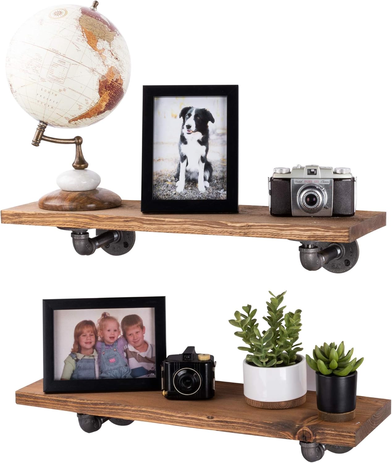 Industrial Pipe Wooden Shelves Restore by Pipe DÉCOR Premium Ponderosa Pine Wood Shelving 24 Inch Length Set of 2 Boards and 4 L Brackets Driftwood Tan Finish Pack of 2