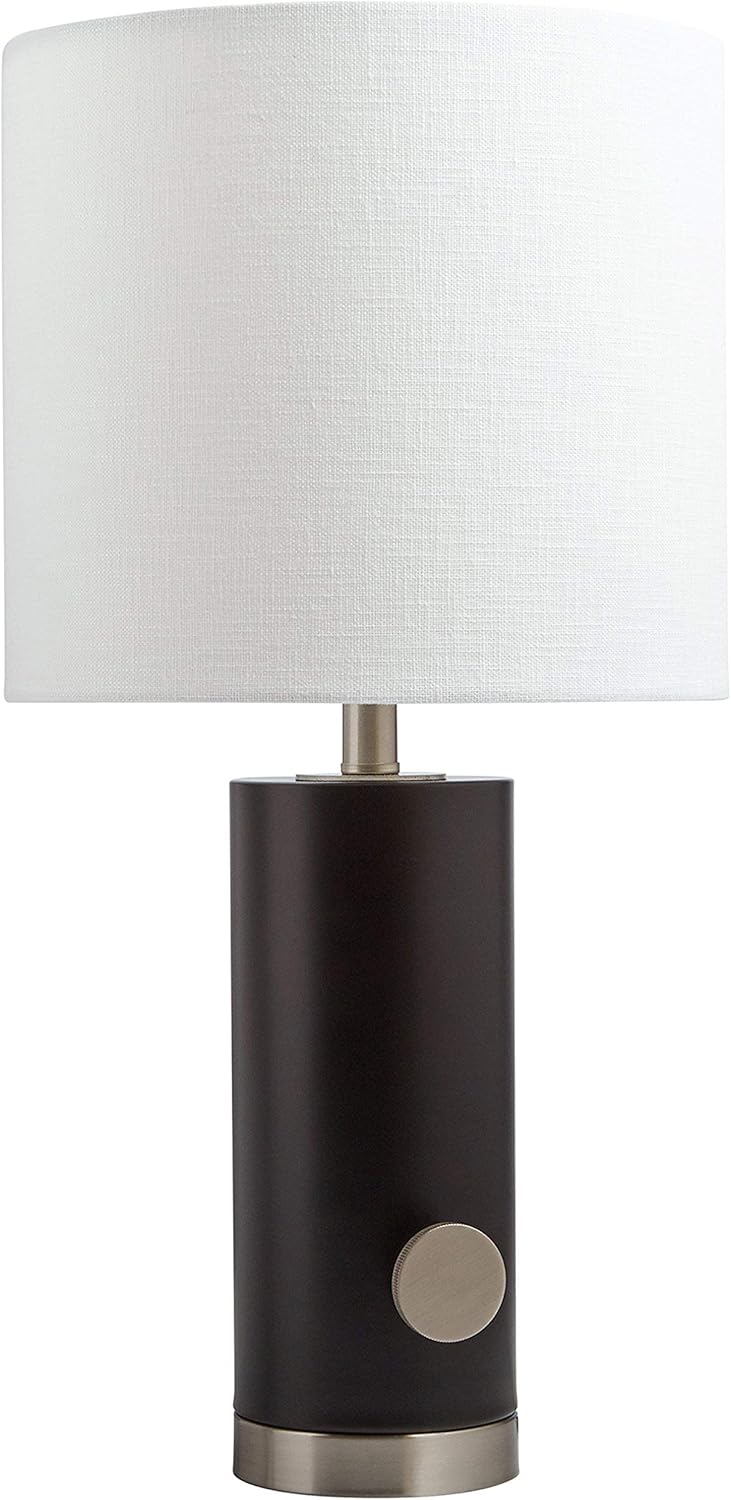 Amazon Brand &ndash; Rivet Mid Century Modern Rubberwood Living Room Table Lamp With Light Bulb - 19 Inches, Black with Linen White Shade