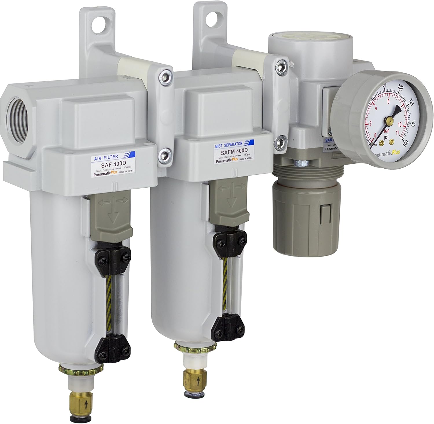 PneumaticPlus SAU430-N06DG-MEP Three Stage Air Drying System Particulate Air Filter, Coalescing Filter, Air Pressure Regulator Combo 3/4