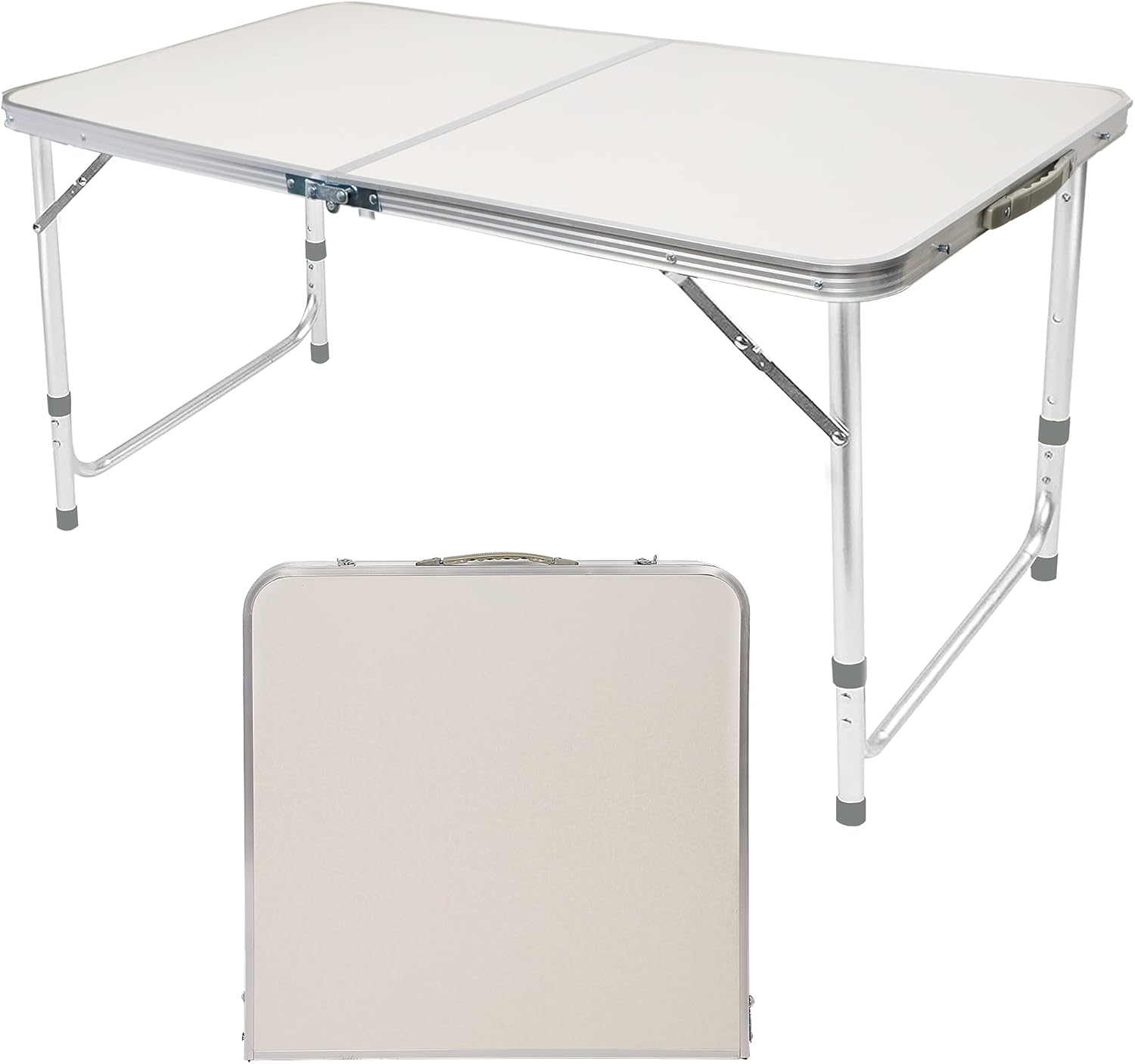FORUP Folding Camping Table, 4 Ft Aluminum Folding Table with Handle, Adjustable Portable Camp Table for Picnic, BBQ, Party, Beach, White Pack of 2