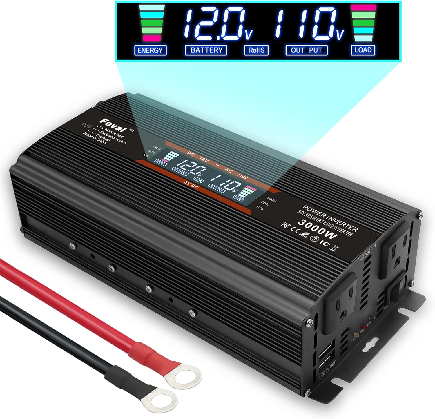 Cantonape 1500W/3000W(Surge) Car Power Inverter 12V to 110V AC with LCD Display Dual AC Outlets and Dual 3.1A USB Car Adapter, Replaceable Fuses for Car Home Truck (1500W-Black-NEW)