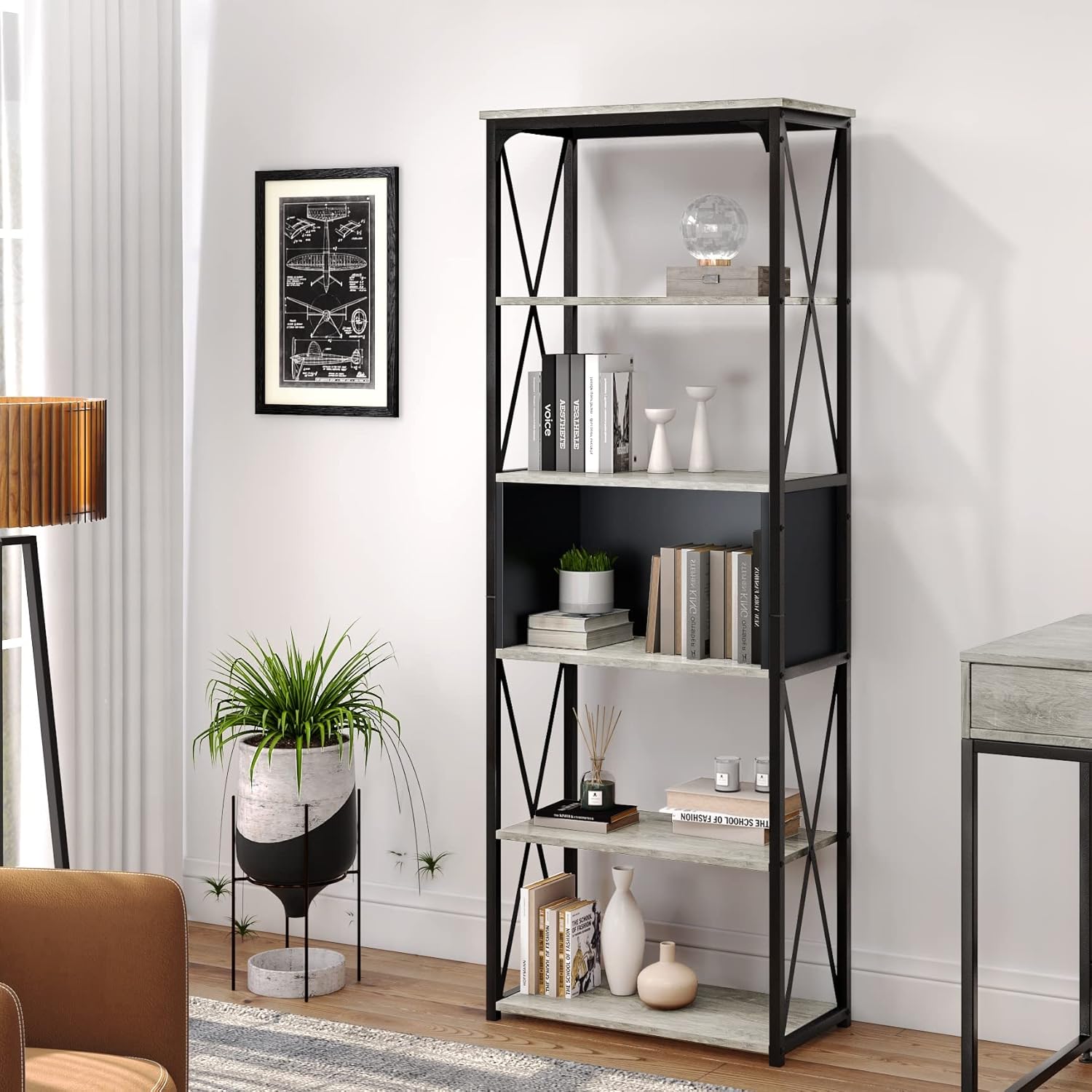 Bestier Industrial Bookshelf 5 Tier Bookcase Storage Display Shelves Organizer Free Standing Open Shelf Book Shelf for Living Room Bedroom and Office, Wash White and Black