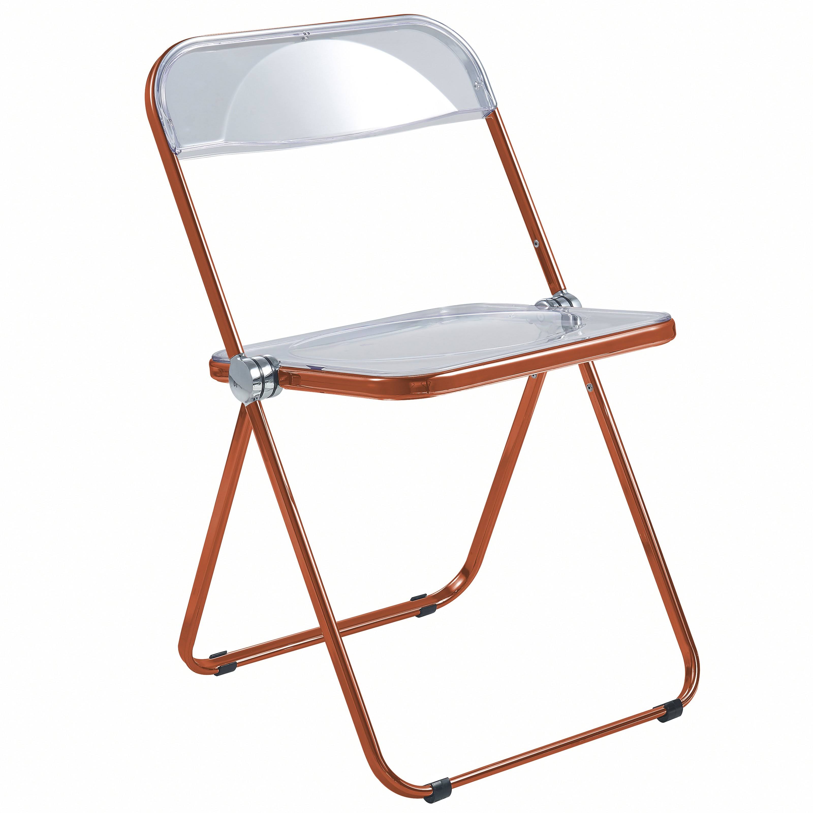 LeisureMod Lawrence Acrylic Folding Chair with Orange Metal Frame
