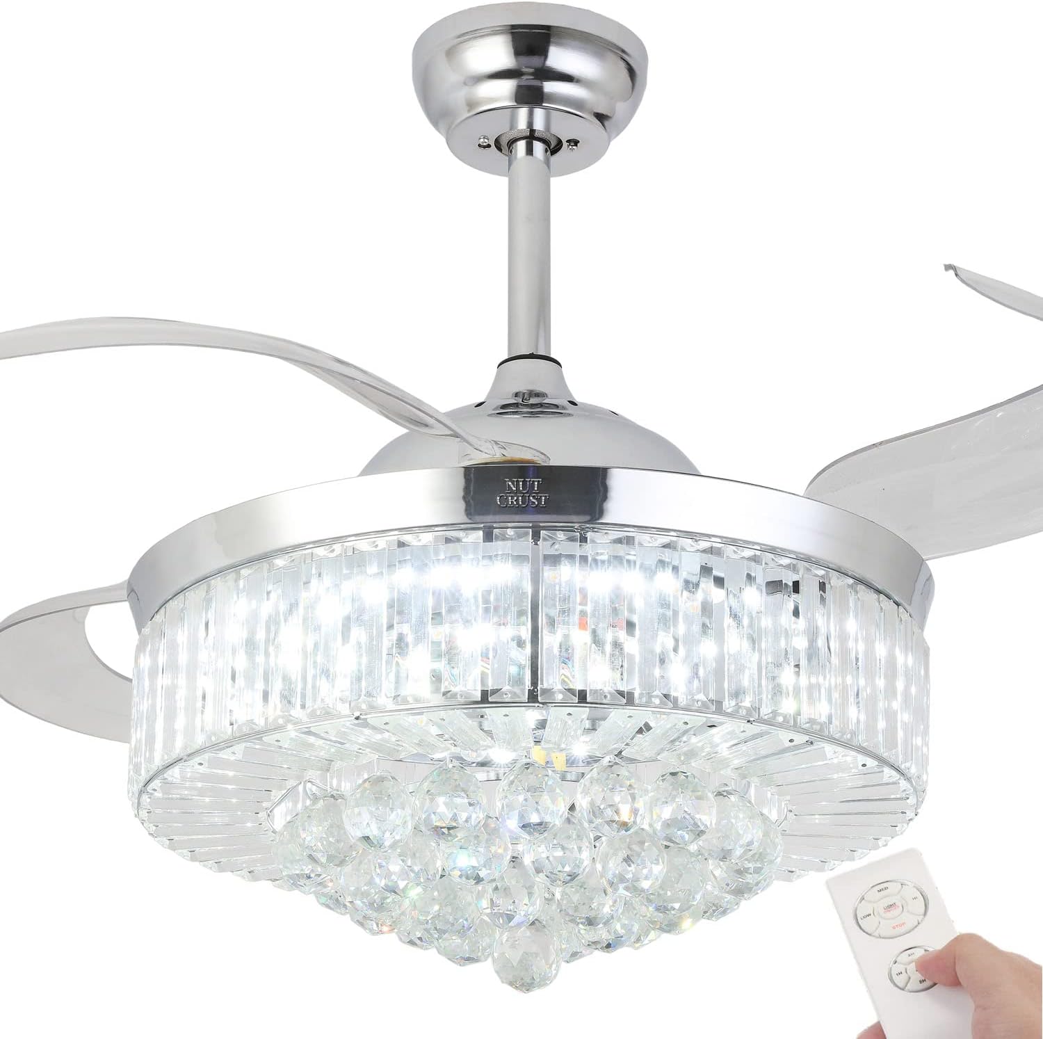 NUTCRUST Retractable Crystal Ceiling Fan, 3 Light Change LED Silent Fan Chandelier with Remote Control, Modern Invisible Ceiling Fan with Light 36W 42 Inch (Chrome, Modern)