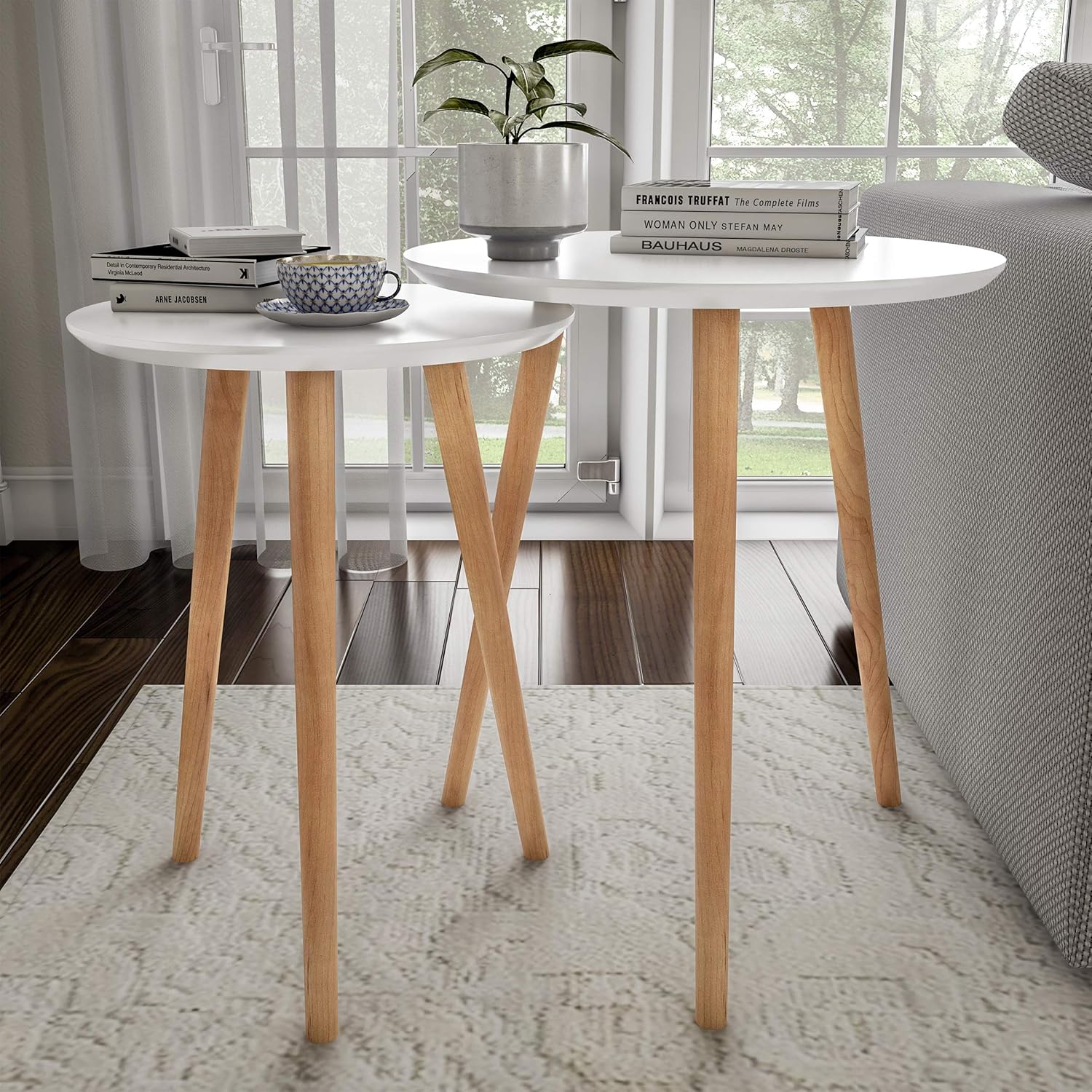 Home Decor Accent Table with Circular Top (White, Set of 2)