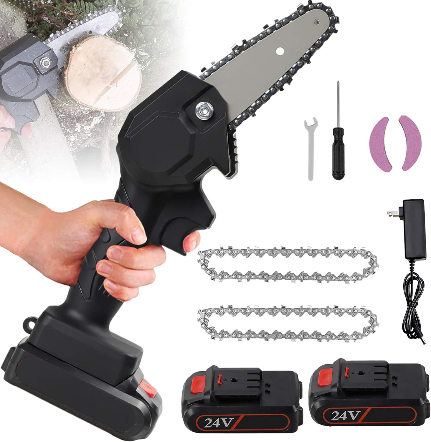 Mini Chainsaw, Mini Cordless Electric Chainsaw, 4 Inch Mini Chainsaw Portable Battery Chain Saw with 2Pcs Batteries & Chain Brushless Motor, 26V Electric Hand Chainsaw, Electric saws for Cutting Wood Pack of 2