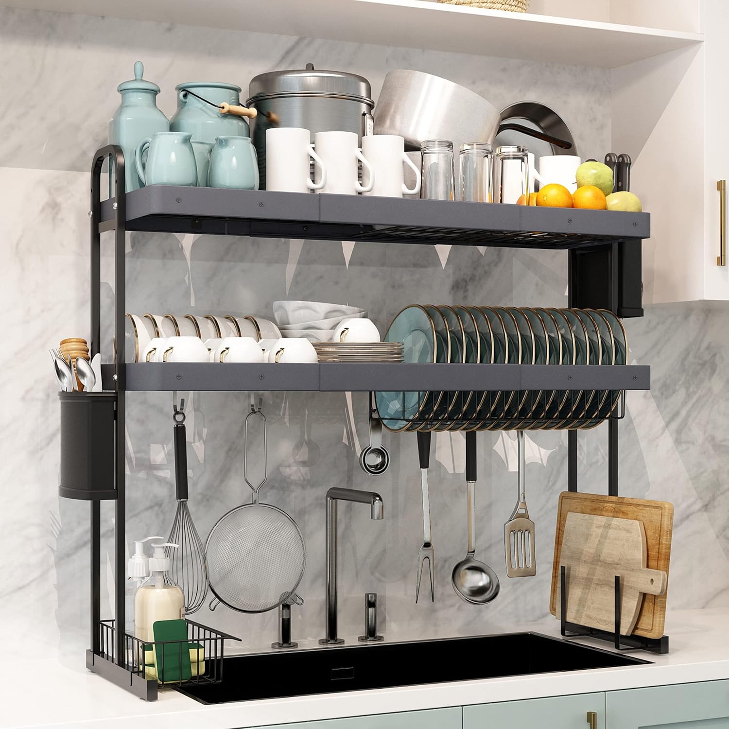 MAJALiS Over Sink Dish Drying Rack Adjustable Full 304 Stainless Steel 3 Tier Extra Large Storage Dish Drainer for Kitchen Sink Expandable with 10 Hooks(Sliver, 25.6inch-35.5inch)