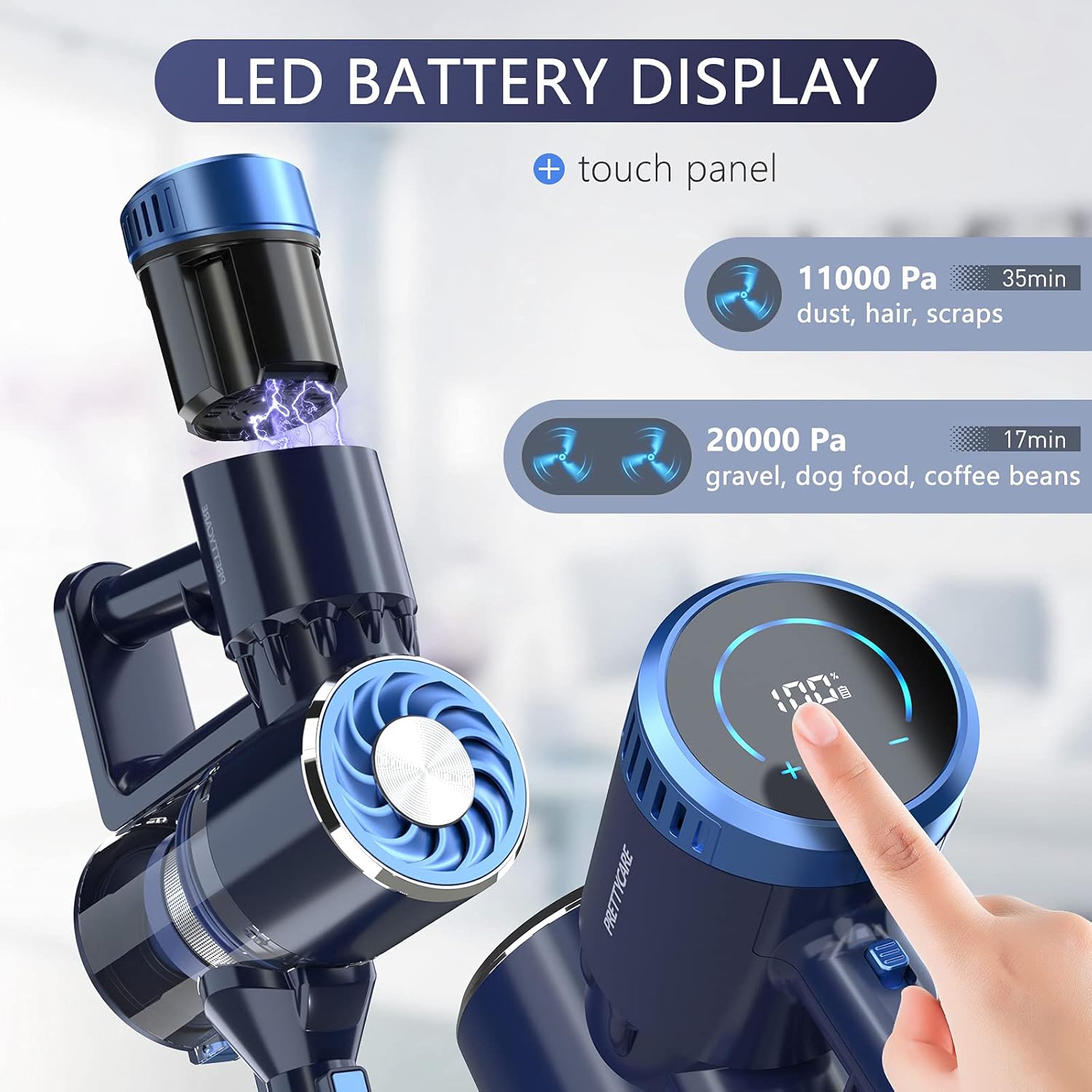 Cordless Vacuum Cleaner, 20KPA Stick Vacuum Cleaner 2600mAh Detachable Battery Hardwood Vacuum 4 in 1 Lightweight Rechargeable Handheld for Hard Floor Pet Hair