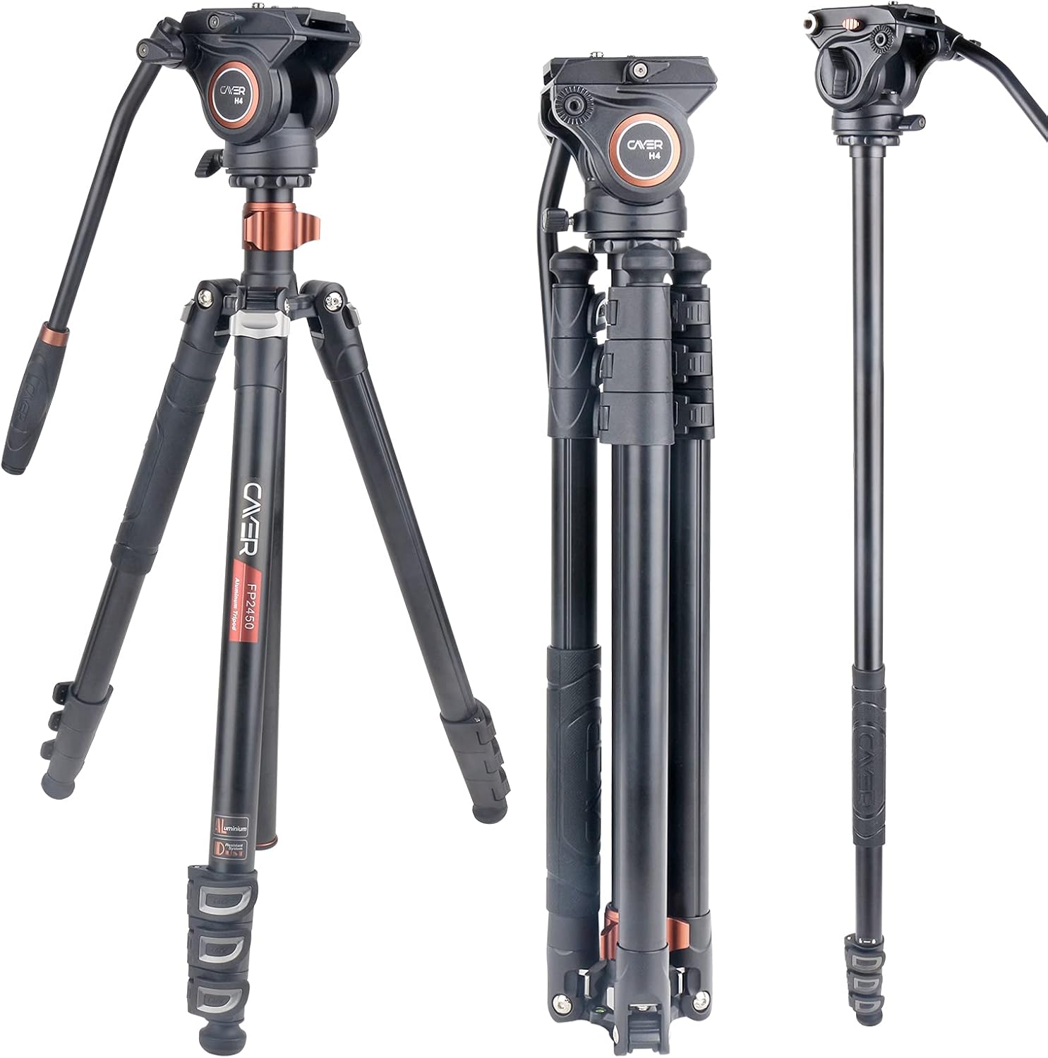 Cayer FP2450 Fluid Head Tripod, 75 inches Aluminium Tripod, 4-Section Compact Camera Tripod Convertible to Monopod for DSLR Camera, Load Capacity up to 13.2 Pounds