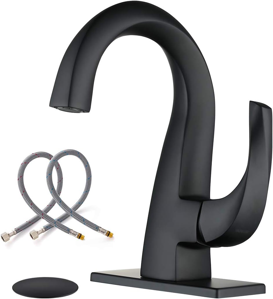 WOWOW Single Handle Bathroom Faucet 1 Hole High Arc Bathroom Basin Faucet Matte Black with Pop Up Drain, Solid Brass Commercial Bathroom Sink Faucet Basin Vanity Bar Faucet (Patented Product)