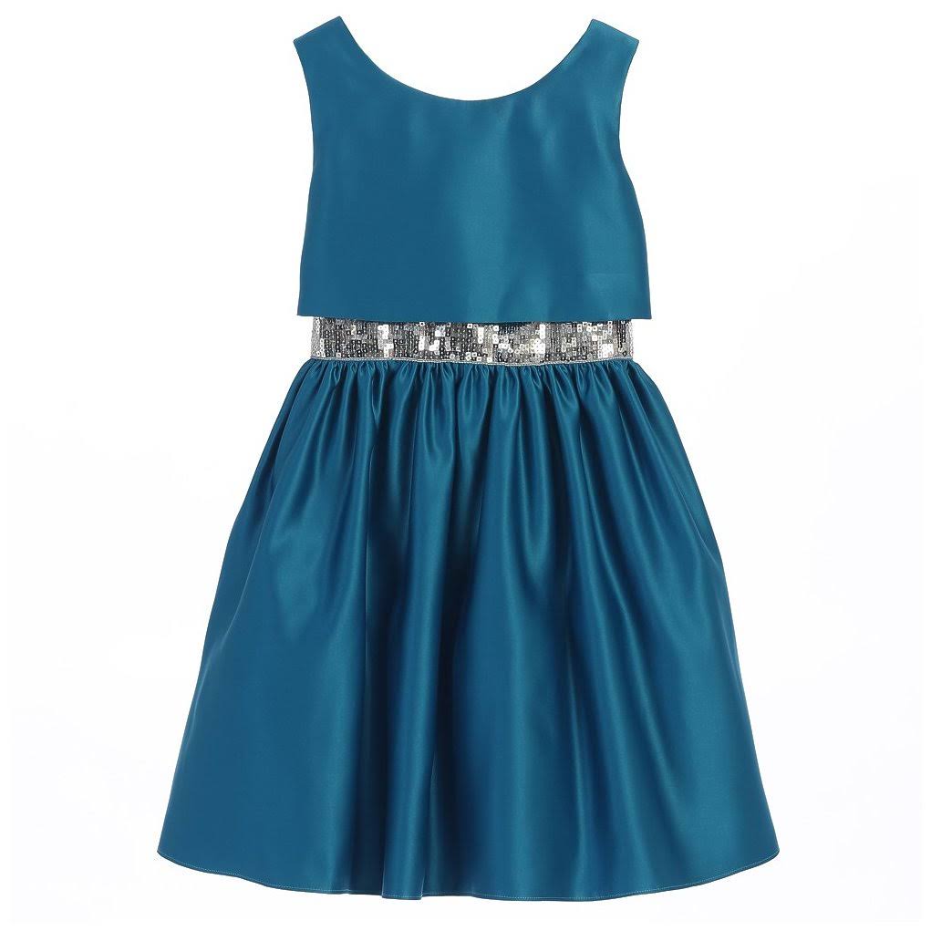 Sweet Kids Little Girls Peacock Satin Sequin Waist Trim Christmas Dress 6, Blue