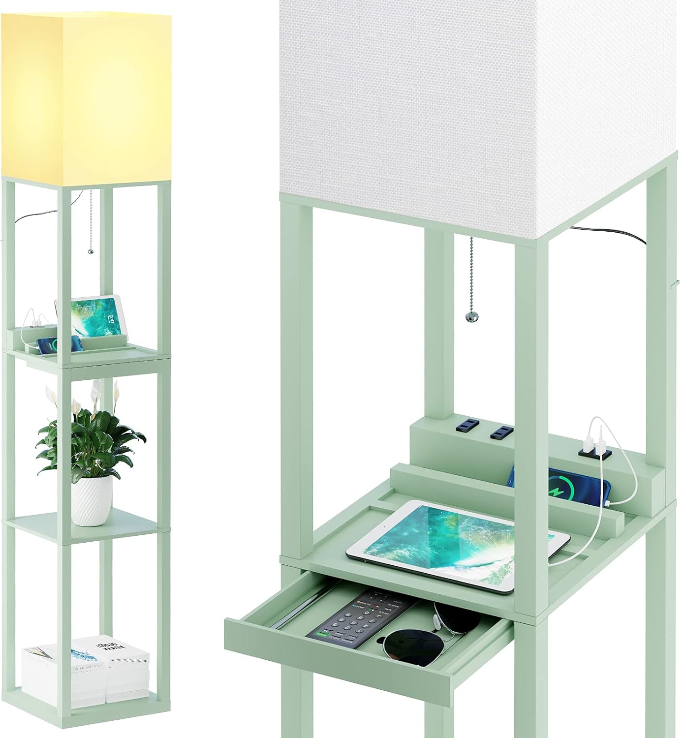 SUNMORY Floor Lamp with Shelves,Modern Dimmable Solid Wood Standing Lamp Both with 1 Drawer and 2 USB Ports & 1 Power Outlet,Corner Tall Bookshelf Lamp for Living Room and Bedroom(Black)