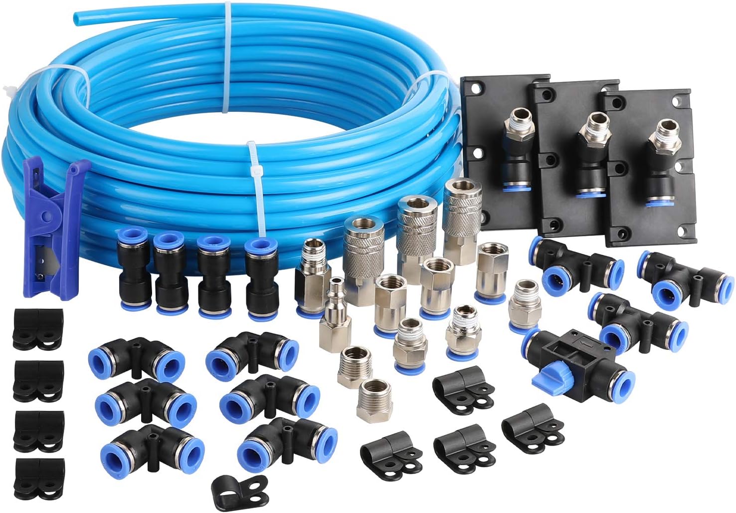 WYNNsky Shop Air Line Kit, 3/8 Inch (9.5MM) OD &times; 60 Feet Nylon Compressed Air Pipe, 200PSI, Cutter, Tees, Mounting clips, Connectors, 49PCS Garage Air Compressor Accessories Master Kit