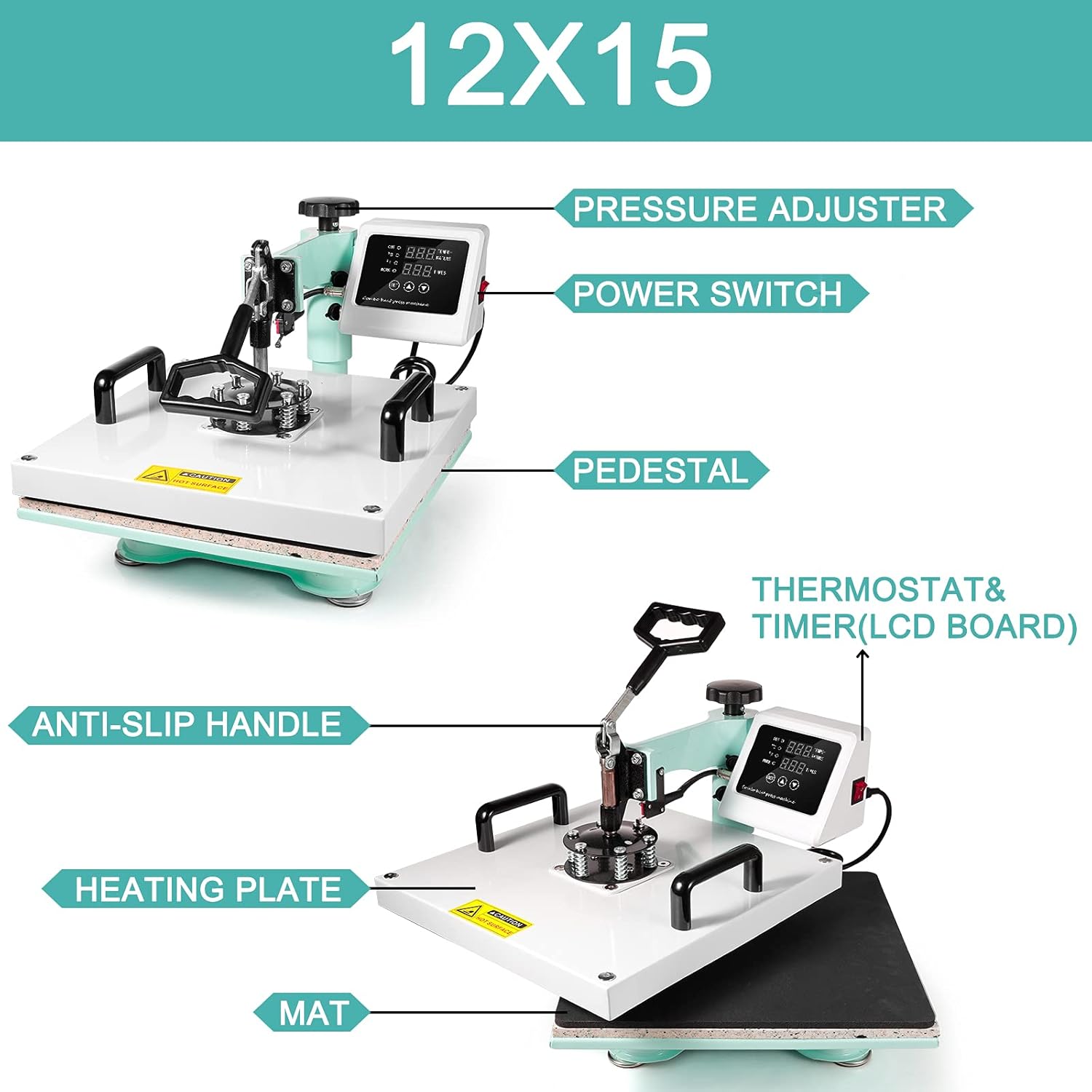 Heat Press Machine Mint Green Heat Press 12X15 Inch for T Shirts Tumbler Heat Press 5 in 1 Digital Multifunctional Sublimation Swing Away 360 Degree Rotation Pressing Machine for Hat Mug Cap Plate