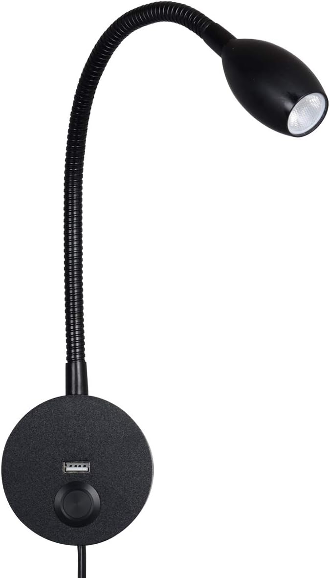 Nightzoo Wall Mounted Reading Light Sconces Lamp Matt White Touch Dimmer Switch LED 3W Warm White 3000K Input 110-240V AC Plug Cord 1 Piece (White With USB Charger)