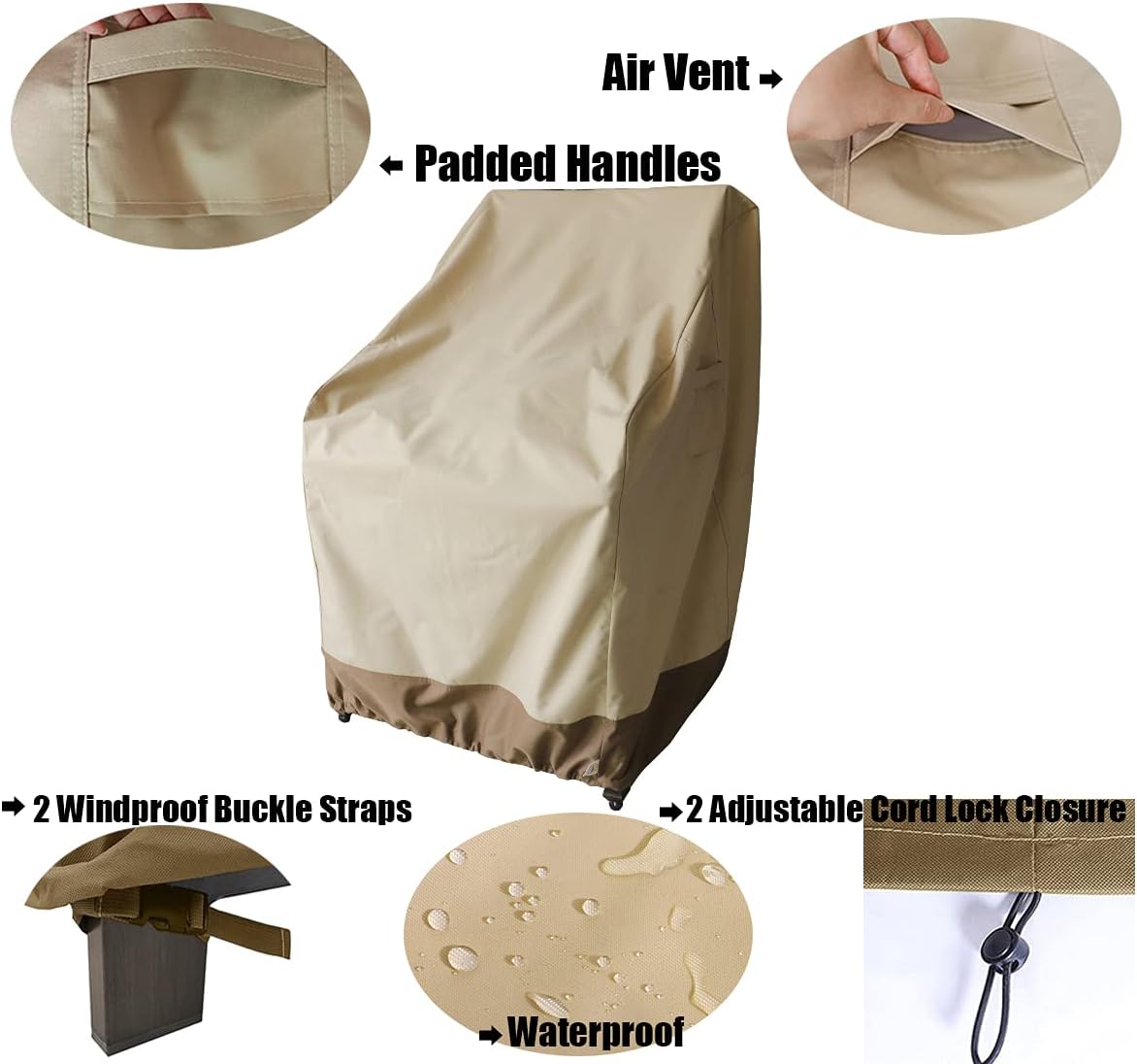 Vanteriam Patio High Back Chair Cover, Heavy Duty Waterproof Patio Swivel Chair Covers - Rip Resistant Patio Bar Chair & Stool Cover, 2 Pack - 24''W x 26''D x 35''H Beige & Brown