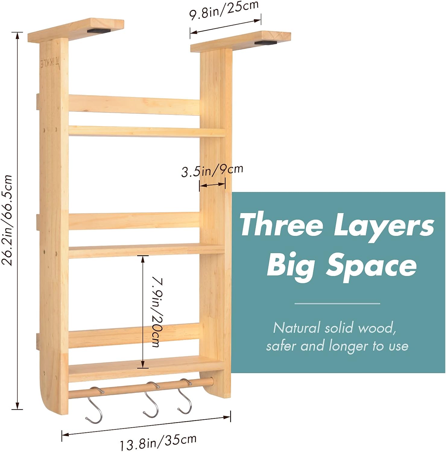 Wooden Fridge Rack, Standing or Hanging Storage Rack Holder, Spice Jars Rack Kitchen Storage Rack Refrigerator Side Holder with 3 hokes and 2 Non-slip EVA Pads Pack of 2