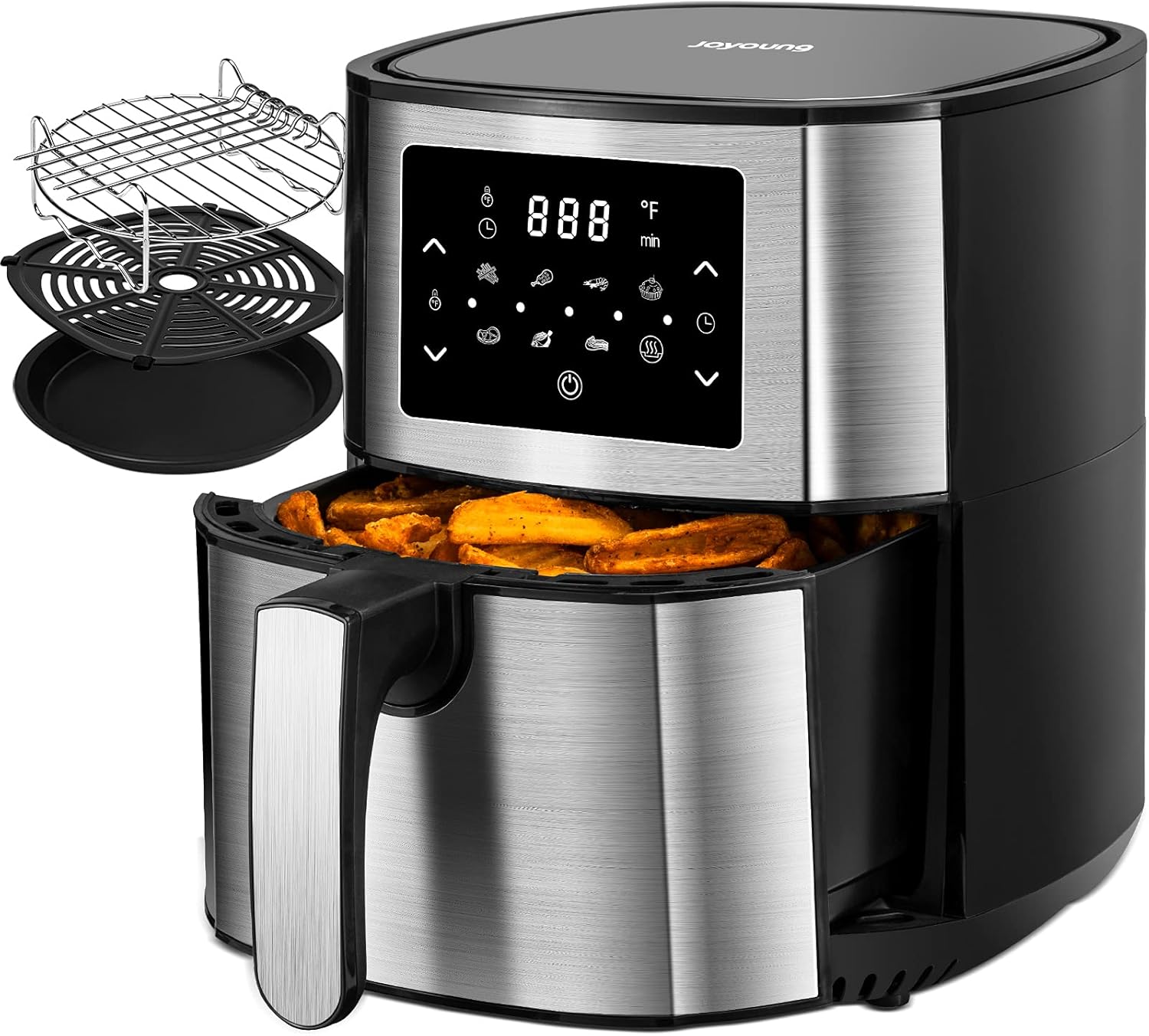 JOYOUNG Air Fryer Oven 5.8Qt Big Capacity Air Fryer Toaster Oven, 8 Presets with AirFryer Cookbook, 1400W, LED Digital Screen, less fat, Black