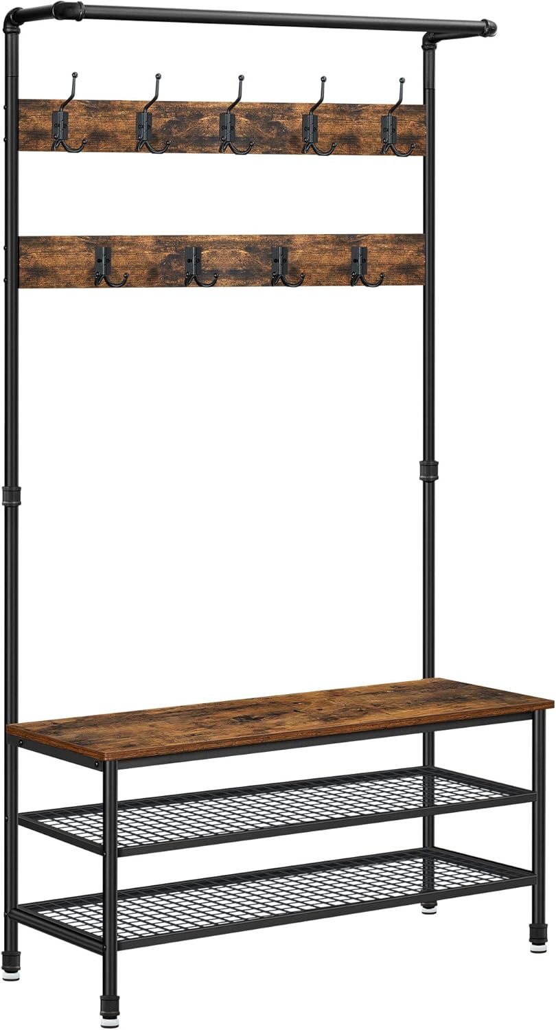 VASAGLE Shoe Bench Rack, 3-Tier Storage Shelf for Entryway Hallway Living Room, Industrial Accent Furniture with Steel Frame, 26&rdquo;, Rustic Brown