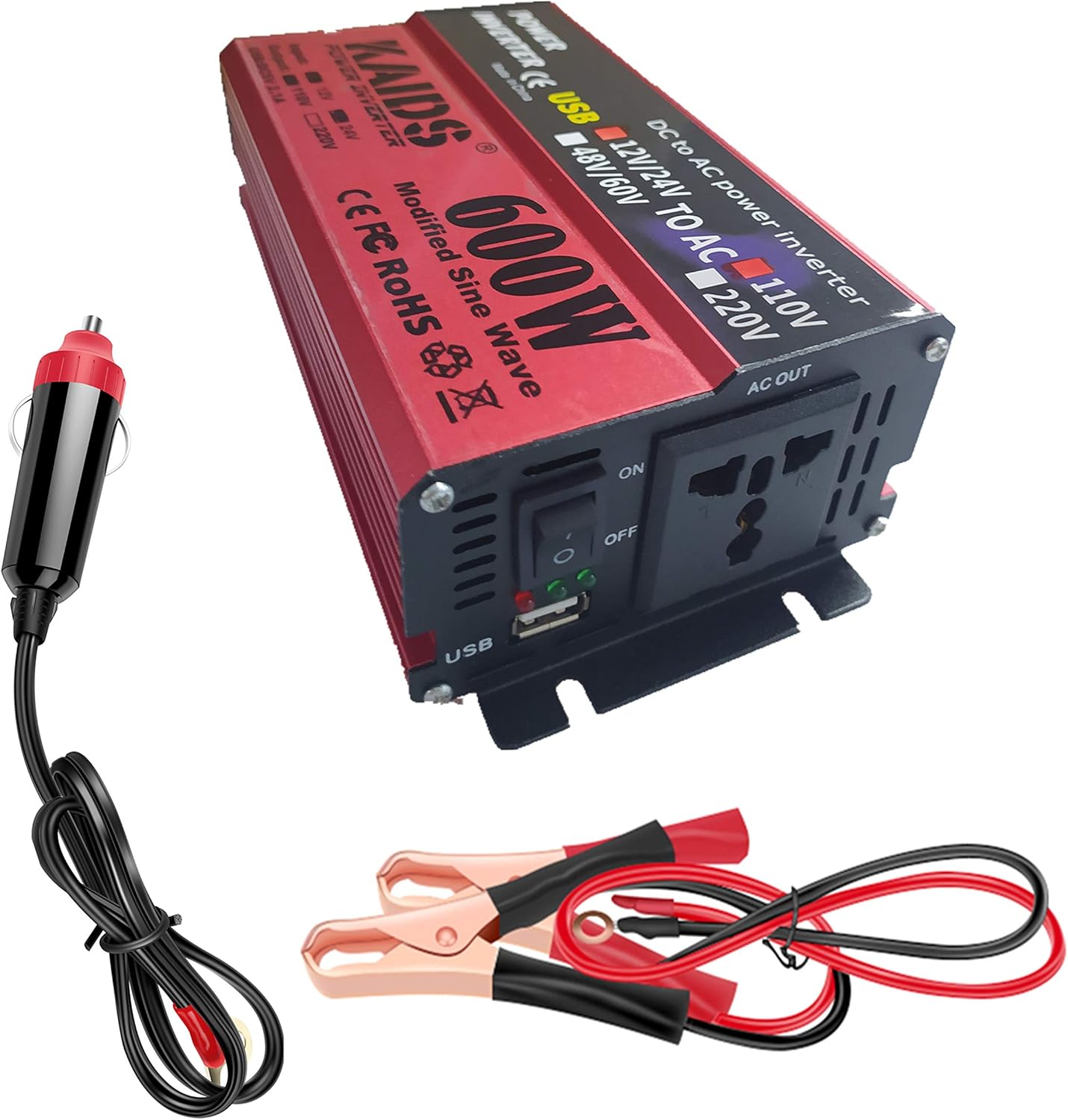 KAIDS Inverter Dual Input Full Power 600W Car Truck DC 12V24V to 110V AC Car Inverter USB Ports Charger Adapter Car Plug Converter with Switch (600W)