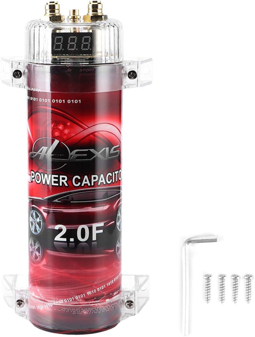Acouto 2 Farad Capacitor Car Audio Power Capacitor Car Audio Amplifier Voltage Regulator Red LED 10‑16V DC Modified Auto Parts Automatic Shutdown Protection Pack of 2