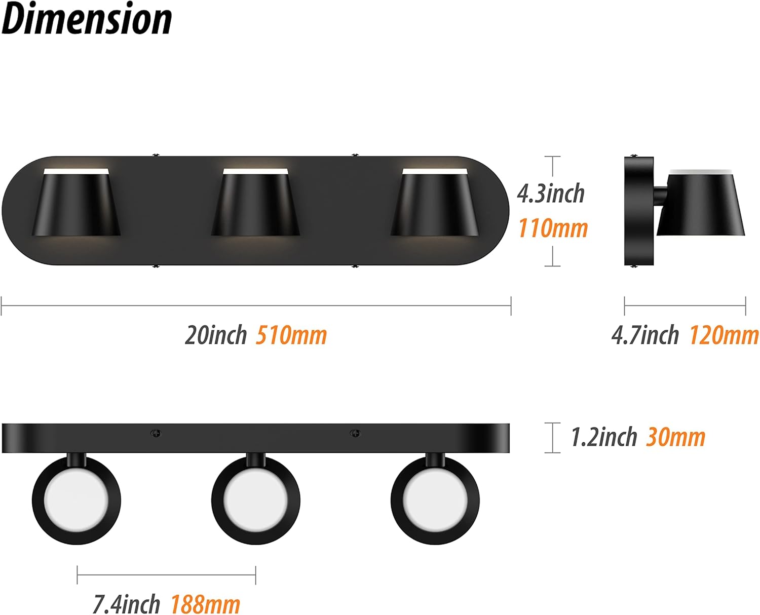 URSOLA 3 Light Bathroom Vanity Light LED Black Bathroom Light Fixtures Up and Down Rotatable Dimmable 20 inch Bathroom Lighting