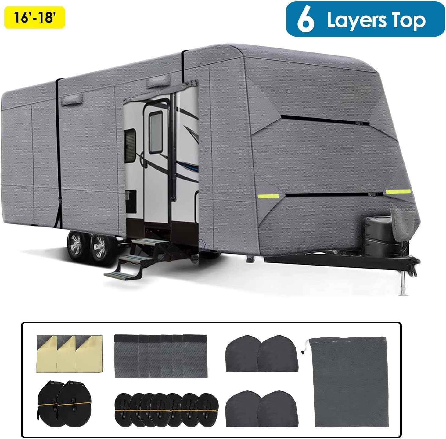 NALONE 6 Layers RV Cover Upgraded Travel Trailer Cover fit for 16'-18', Anti-UV Windproof Camper Cover with Tie Cover & Gutter Cover&Tongue Jack Cover, Ripstop Extra Thick Motorhome RV Cover