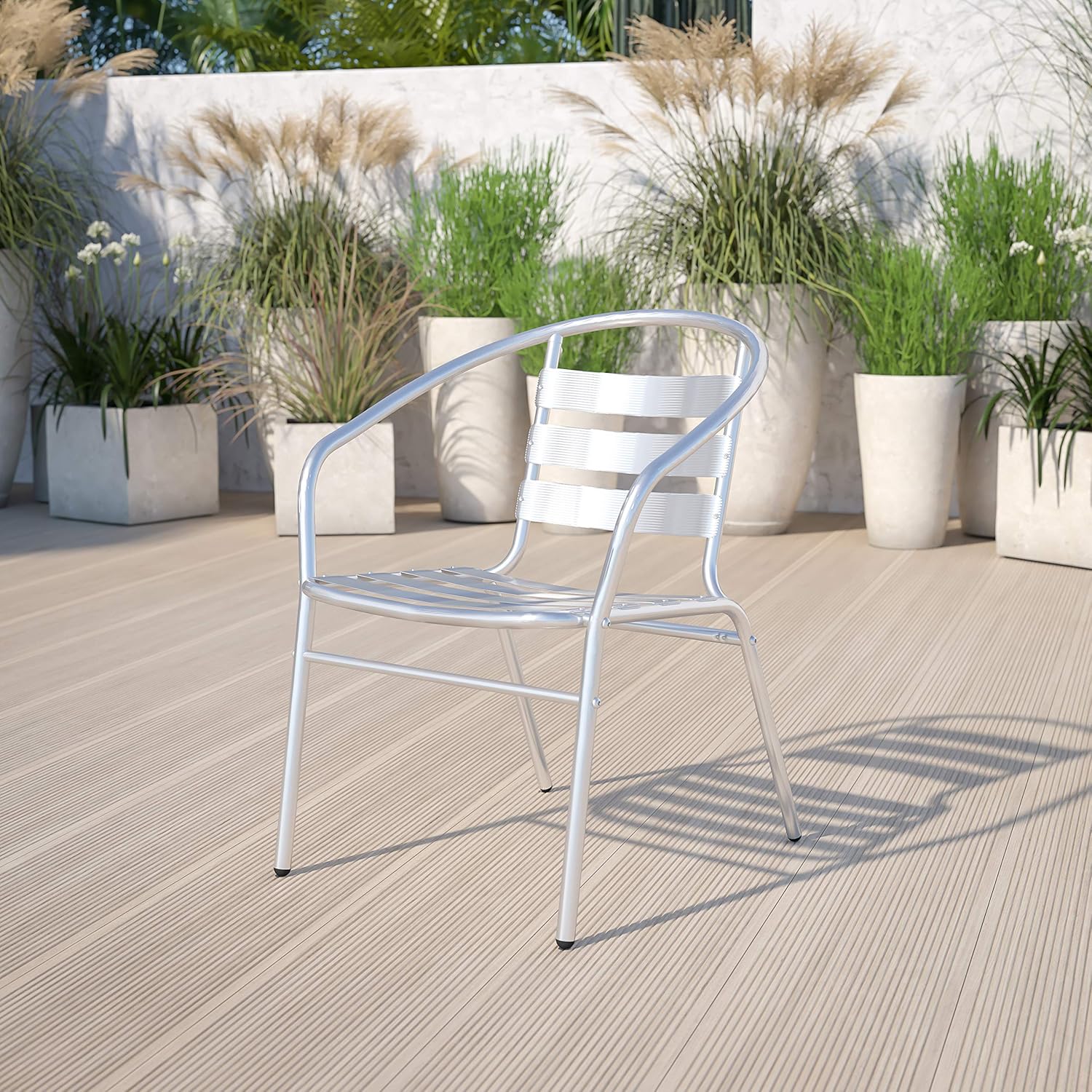 EMMA + OLIVER Aluminum Indoor-Outdoor Stack Chair with Triple Slat Back and Arms