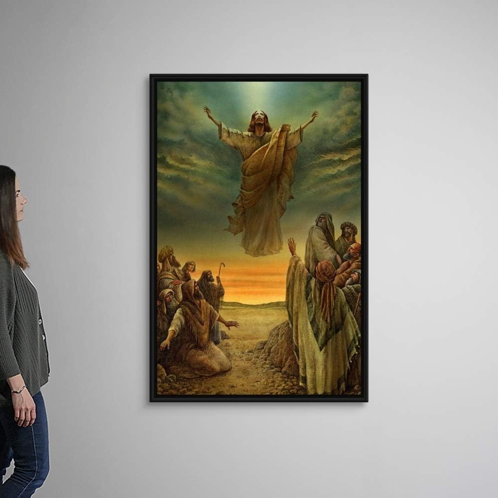 Jesus Ascending into Heaven Black Float Frame Canvas Art, Christianity Artwork