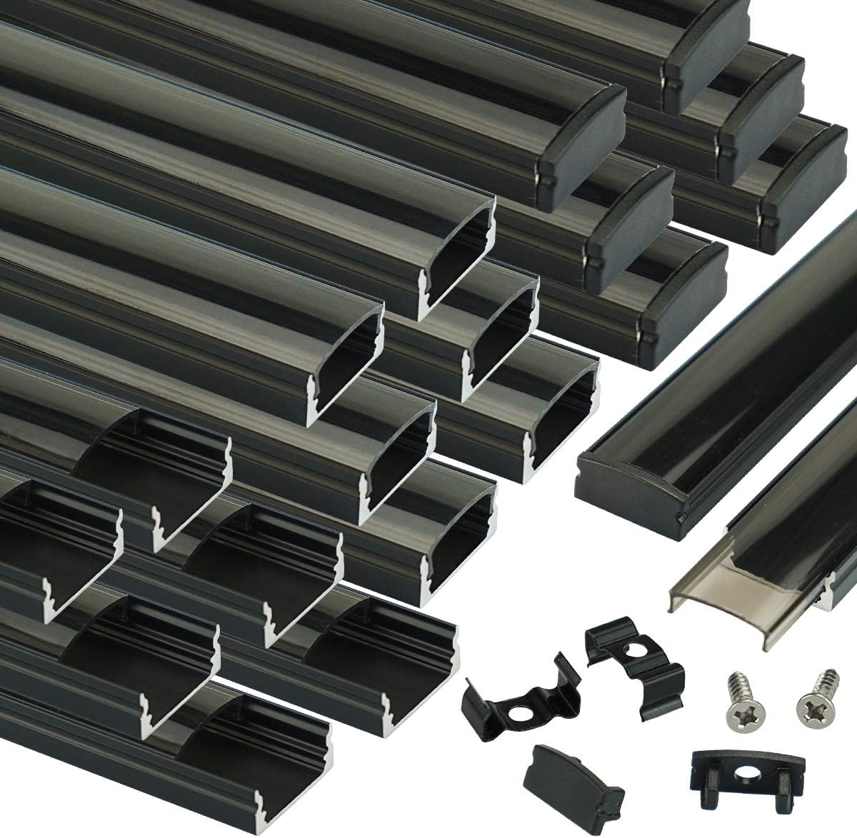 Muzata 20Pack 3.3FT/1M Black LED Channel System with Crystal Smoke Black Transparent Clear Cover Lens,Aluminum Track Housing Profile for Strip Tape Light with, U Shape U1SW BB 1M, LU1