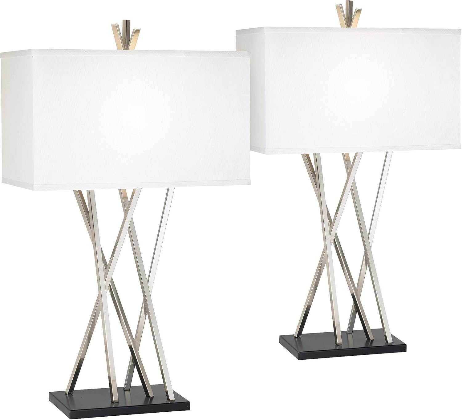 Asymmetry Modern Contemporary Table Lamps Set of 2 Brushed Nickel Black White Linen Rectangular Shade Living Room Bedroom House Bedside Nightstand Home Office Entryway Family - Possini Euro Design