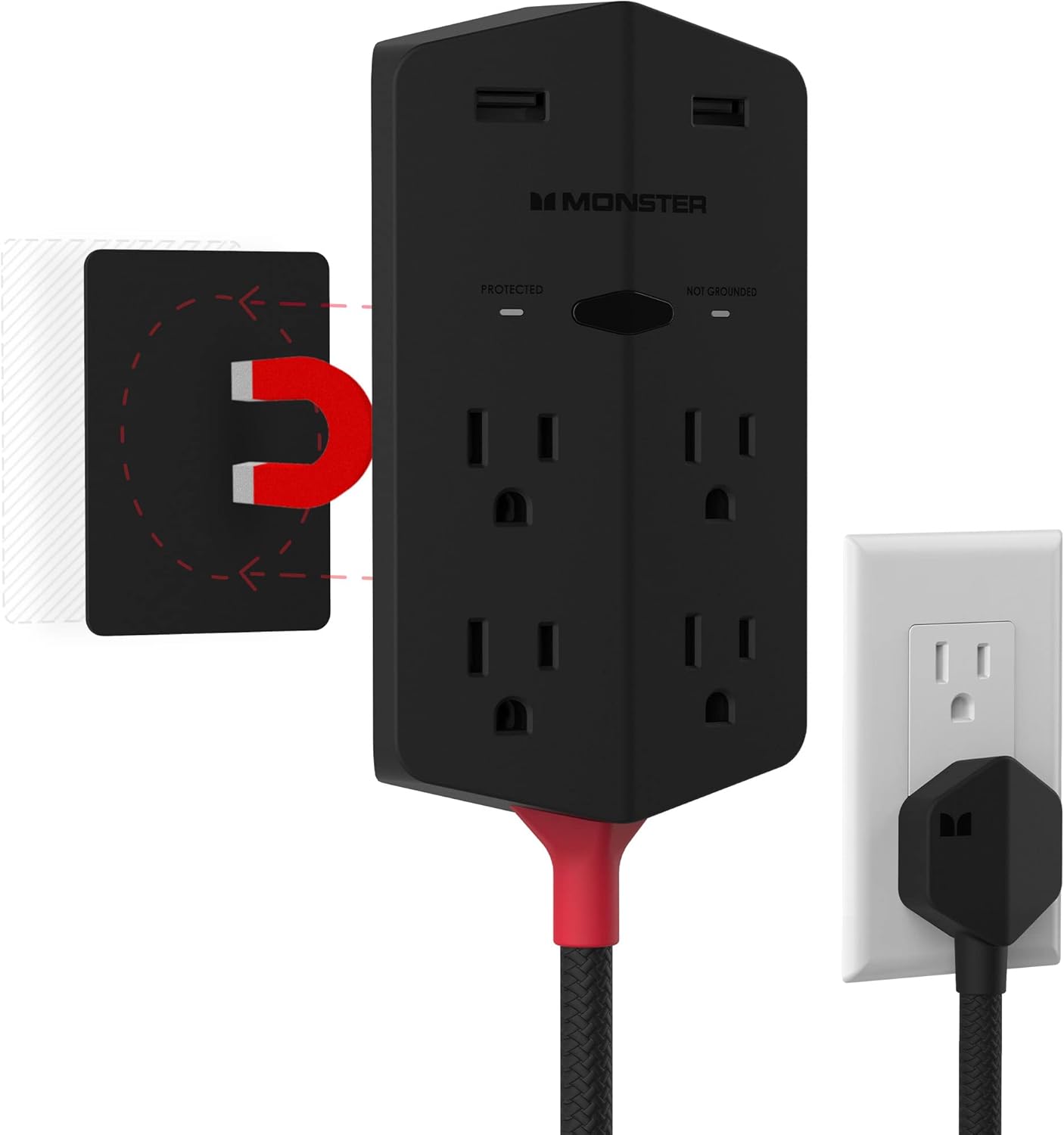 Monster Power Shield Outlet Extender & Magnetic Hub, 2 AC Outlets, 3 USB-A Ports, & 1 USB-C Port (20W), Black