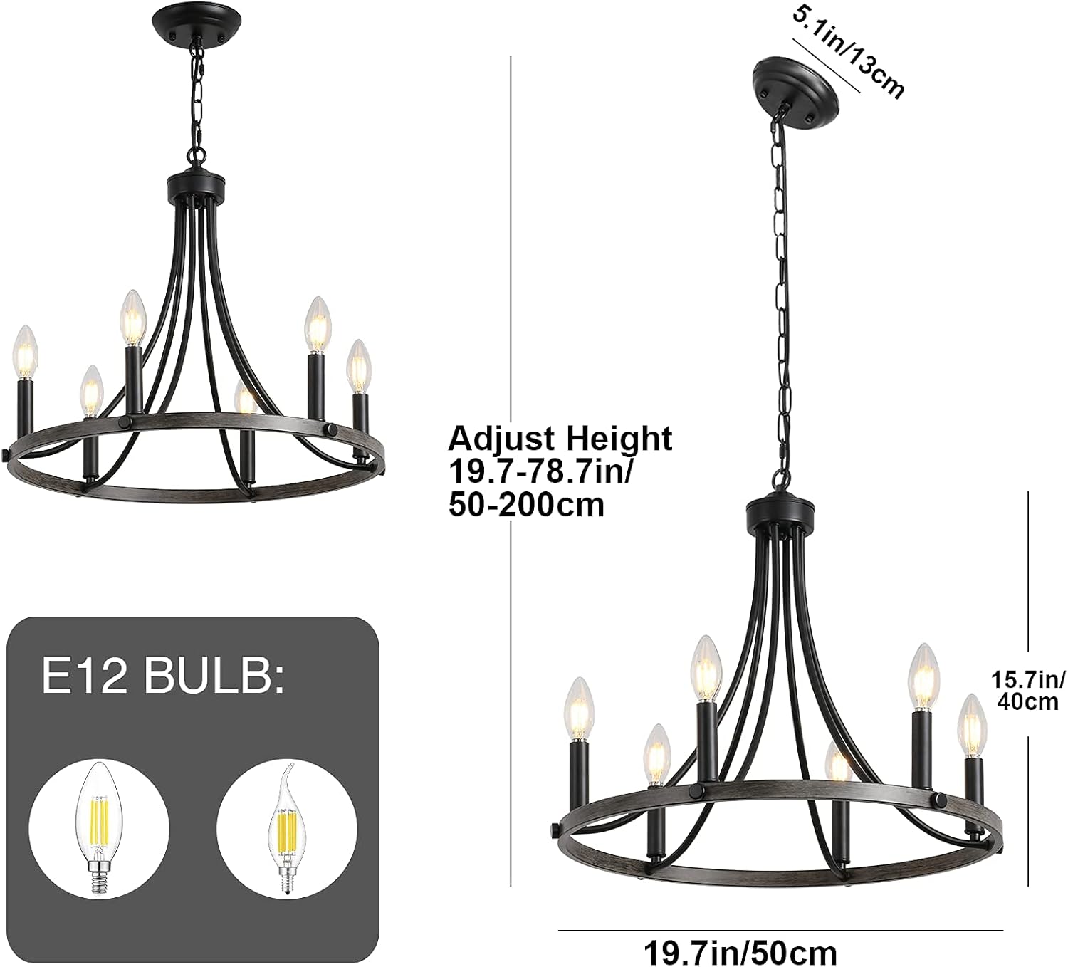 KOSTOMO Black Chandelier Light Fixture Farmhouse Chandeliers Dining Room Ceiling Chandelier Round Iron 6-Lights Kitchen Island Light