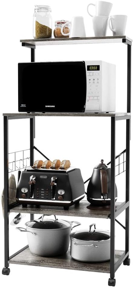 Kitchen Baker's Rack Coffee Station Microwave Oven Stand Kitchen Shelf with Hutch 8 Side Hooks Free Standing Utility Storage Shelf for Kitchen Dining Room Living Room
