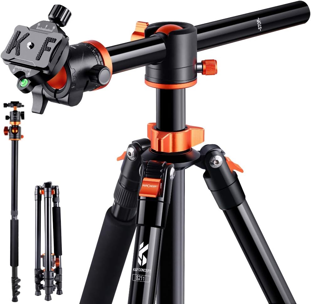 K&F Concept 72 Inch Camera Tripod, S211 Transverse Center Column Aluminium Professional DSLR Tripod with 360 Degree Ball Head,Quick Release Plate,Detachable Monopod 10kg Load for Travel and Work