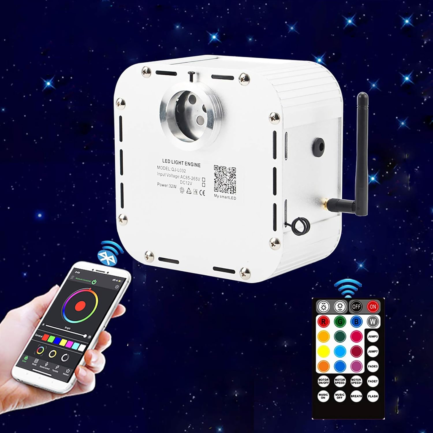 CHINLY Bluetooth 32W Twinkle Fiber Optic Light Engine, RGBW Light Driver APP + Remote Control for Car Room Star Ceiling with DC & AC Plug