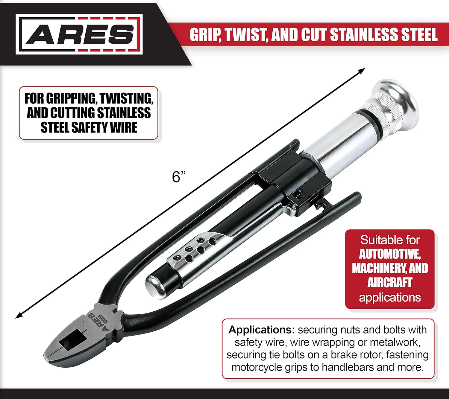 ARES 10009 - 6-inch Reversible Wire Twister Pliers - Auto Return - Untwist Tool can Grip, Twist, and Cut Stainless Steel Safety Wire on Vehicles, Machinery, and Aircraft