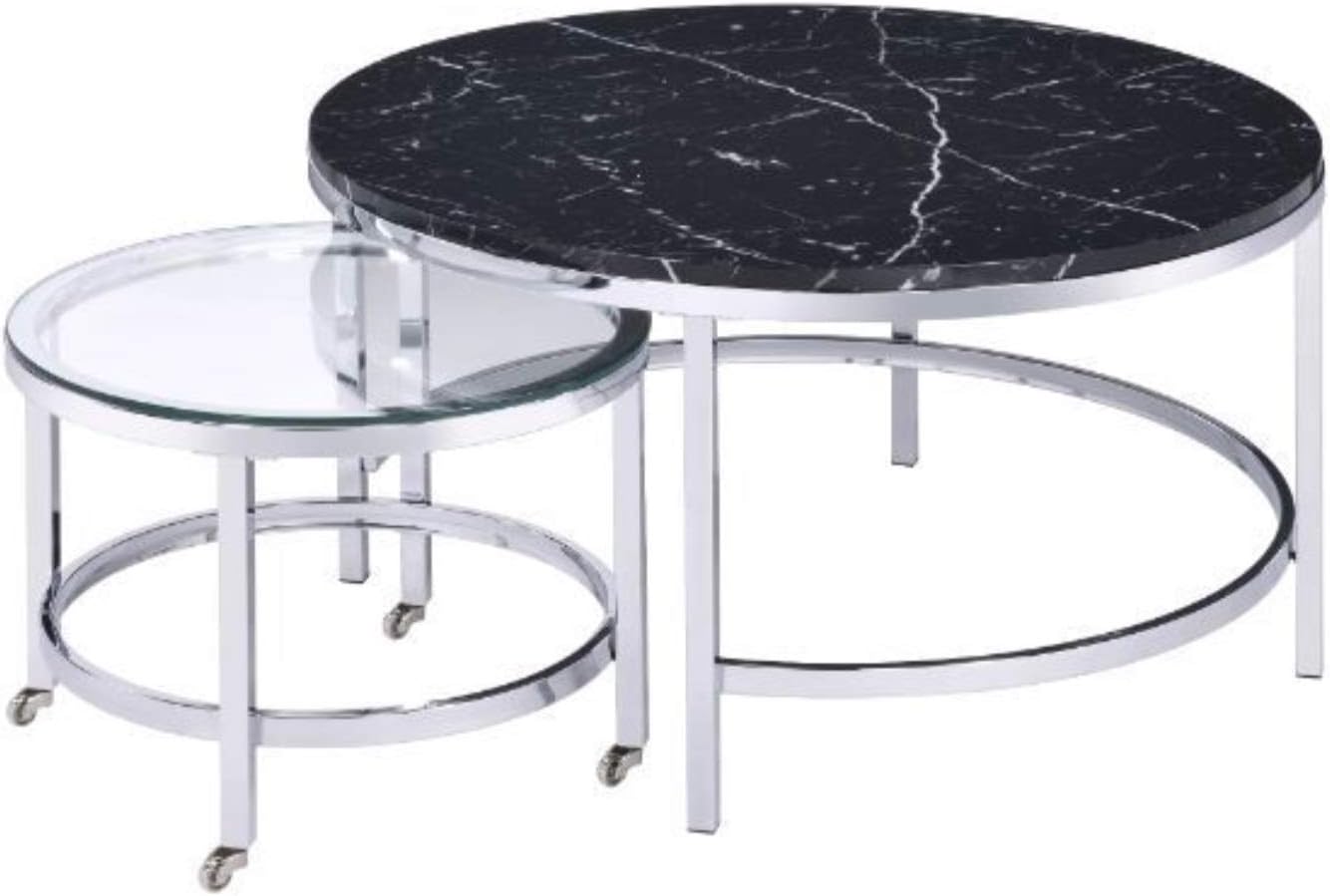 Acme Furniture Virlana Nesting Cocktail Table, Glass Top, Faux Black Marble & Chrome Finish