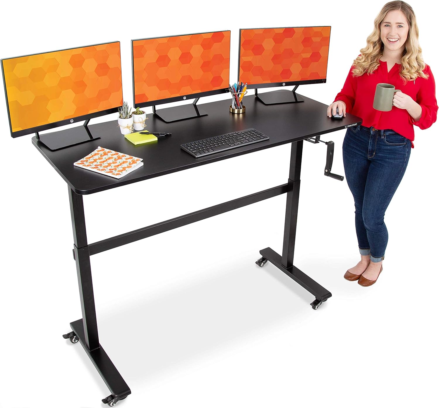 Stand Steady Tranzendesk | 55 Inch Standing Desk with Clamp On Shelf & Wheels | Front Crank Manual Height Adjustable Sit to Stand Desk | Attachable Monitor Riser Supports 3 Monitors (55 / Black)