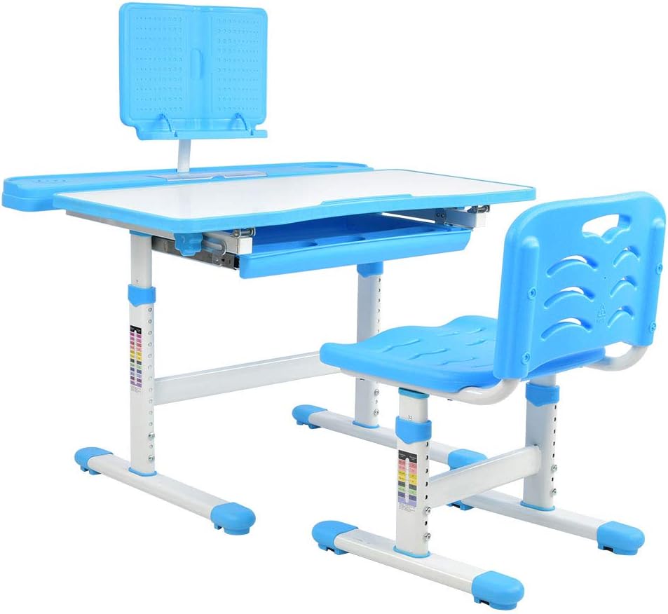 Kids Desk and Chair Set, Adjustable Ergonomic Children's Study Writing Table and Chair Kit School Interactive Workstation with Tilt Desktop, Bookstand and Storage Drawer for Girl Boy Student (Pink)