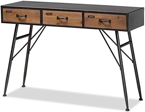 BOWERY HILL Black and Oak Finished Wood 3-Drawer Metal Console Table